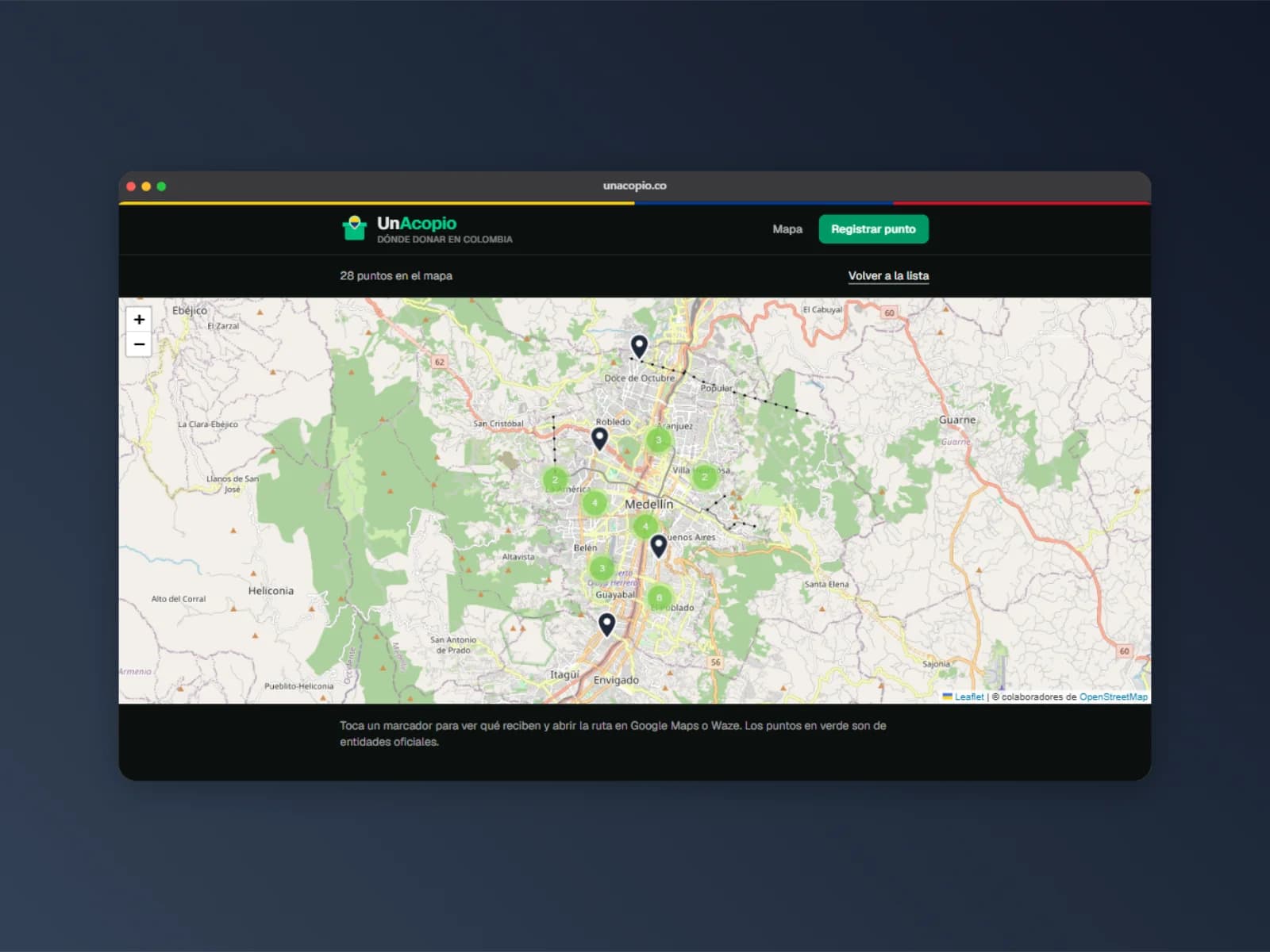 La vista de mapa: 28 puntos de acopio en Medellín, agrupados por zona, con cada pin abriendo qué recibe ese punto y la ruta en Google Maps o Waze.